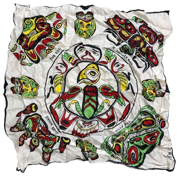 VTG Native Haida Tribal Art Canadian Scarf Thunder Bird Frog Whale Fish - Picture 1 of 9